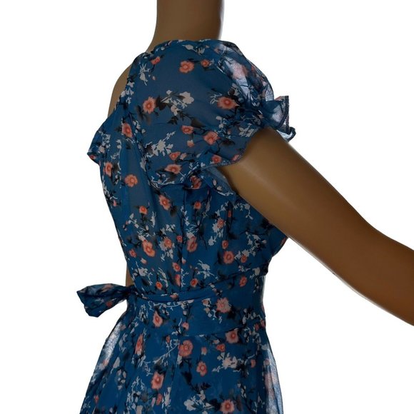 Women Boho Playsuit Romper Medium Blue Orange Floral Off The Shoulder Lined - Picture 6 of 16